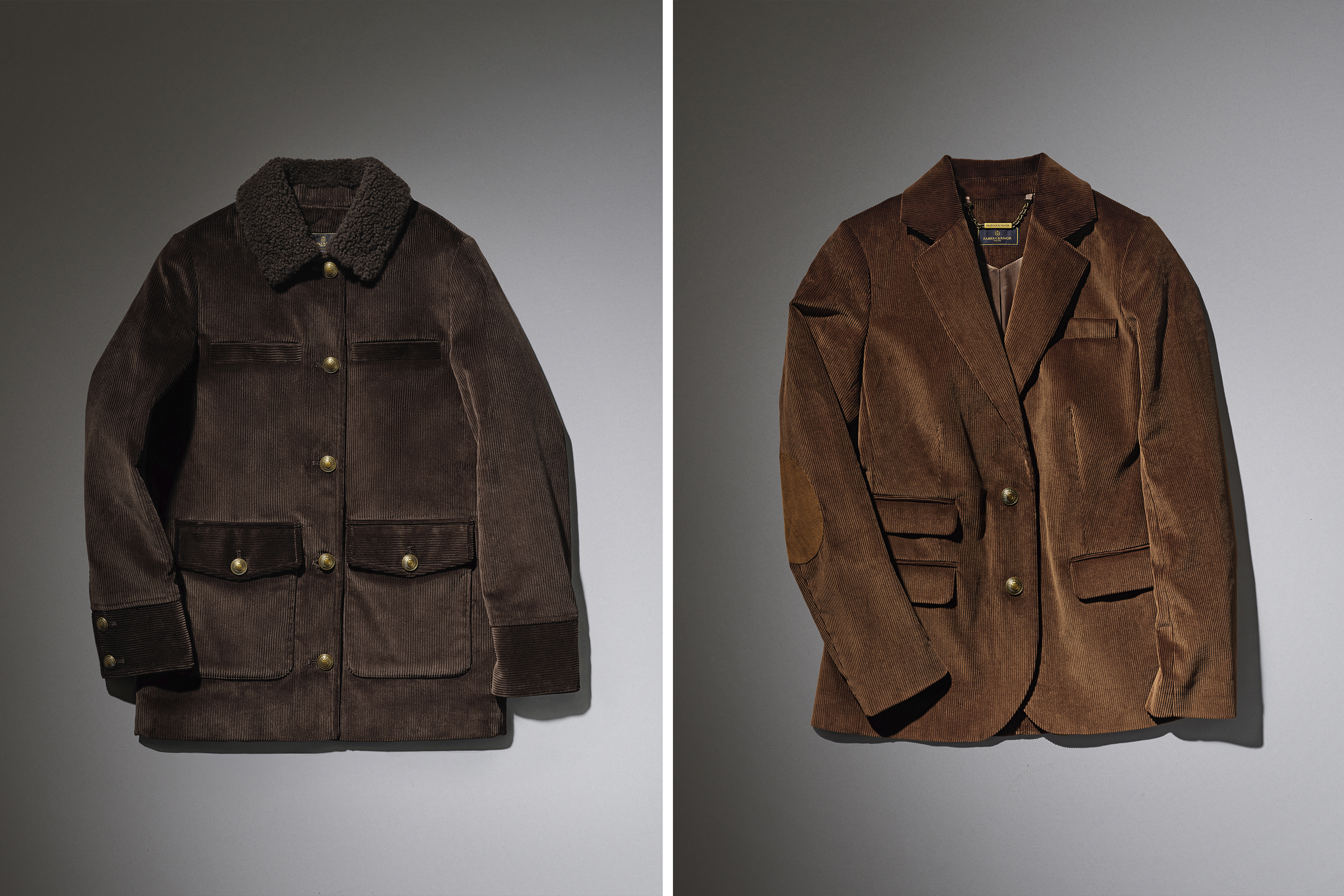 advertising photo shoot A/W for Fairfax and favor flat lay 2 jackets on dark grey backdrop